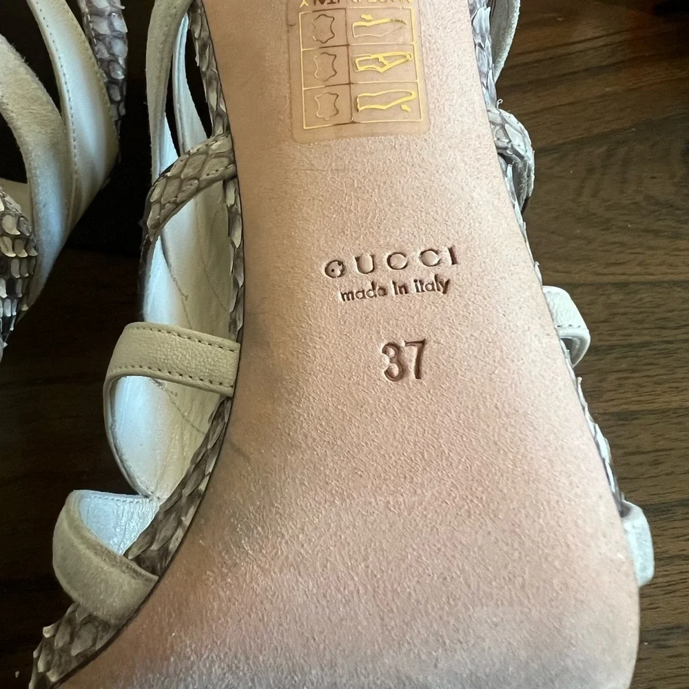 Gucci Size 37 Python & Beige Suede Cage Sandal Heels Ankle Zip Open Toe New